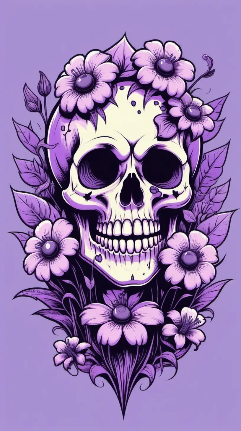 Pastel Purple Cute Skull with Flower Growth Vector Illustration