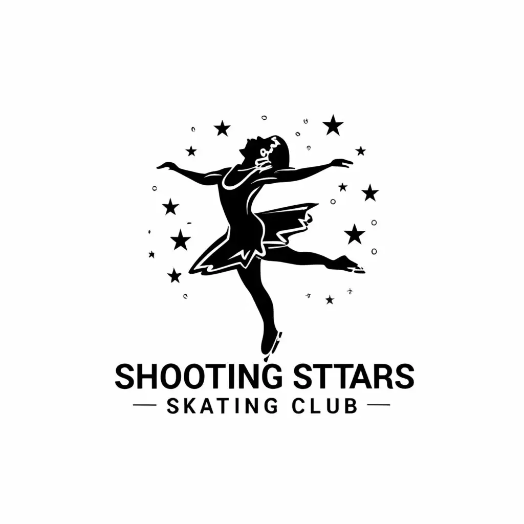 a logo design,with the text "Shooting Stars Skating Club", main symbol:figure skating, stars, shooting stars,complex,clear background