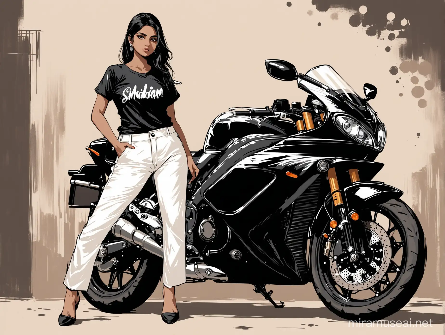 A indian woman in a black shirt and white pants stands beside a black motorcycle full view. brush stroke, art work
