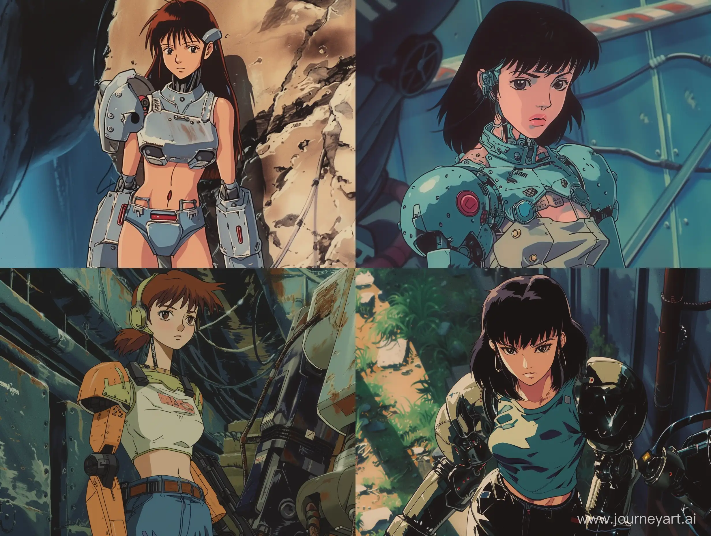 a old 90s anime cartoon still of a cyborg woman, 4k, standing in a environment, looking at the viewer, visuals, aesthetic, very detailed, nostalgic, cyberpunk, dystopian,