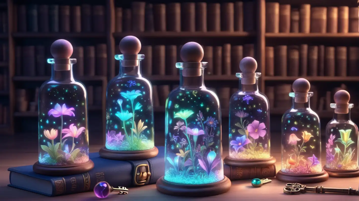 a box of glowing keys, fairytale, magical, library and glowing potions and inside the bottle are iridescent flowers, 8K.