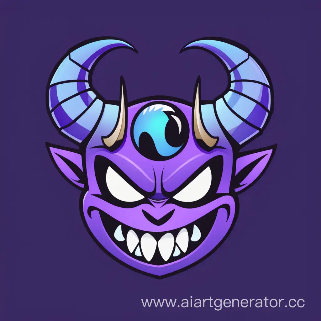 логотип на котором только рога глаза и ухмылка с клыками
фиолетовый, черный и синий цвет
на фоне 