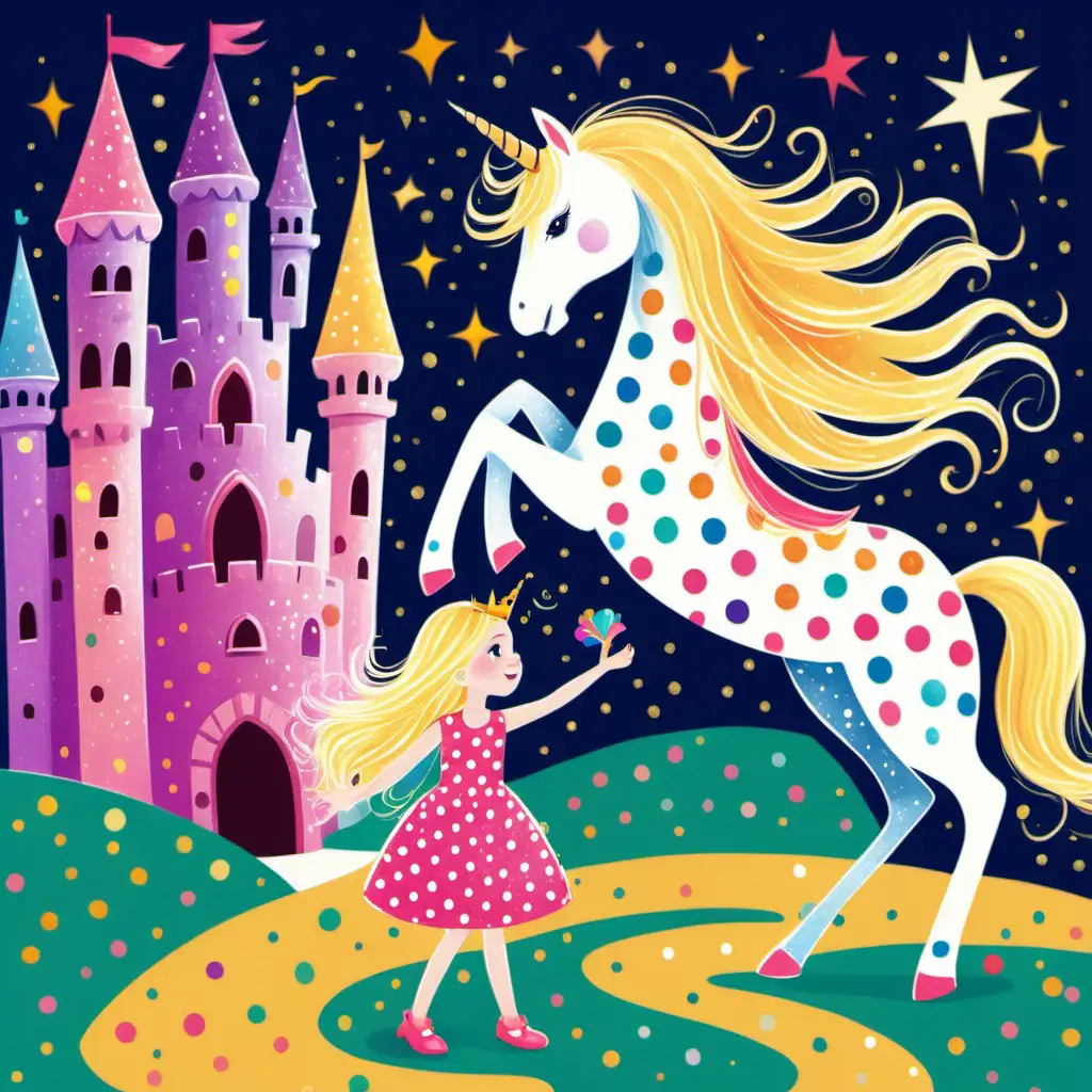 Book illustration simple colorful drawing: Little long blond haired princess with polka dot dress in the colorful castle playing with glittery unicorn pet