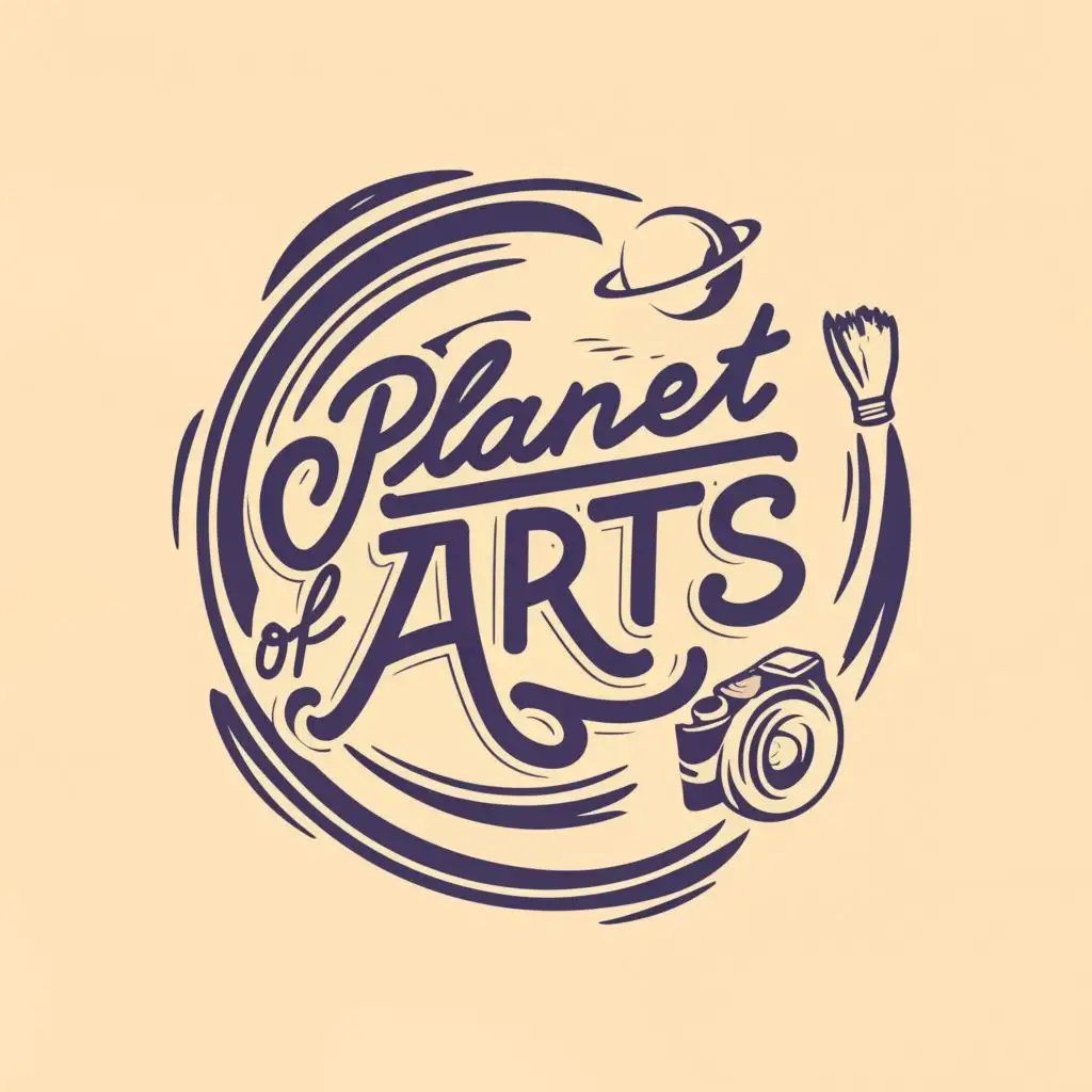 logo, Purple and cream with black and white line, a painting brush, a camera, kids style, with the text "Planet of Arts", typography, be used in Education industry
