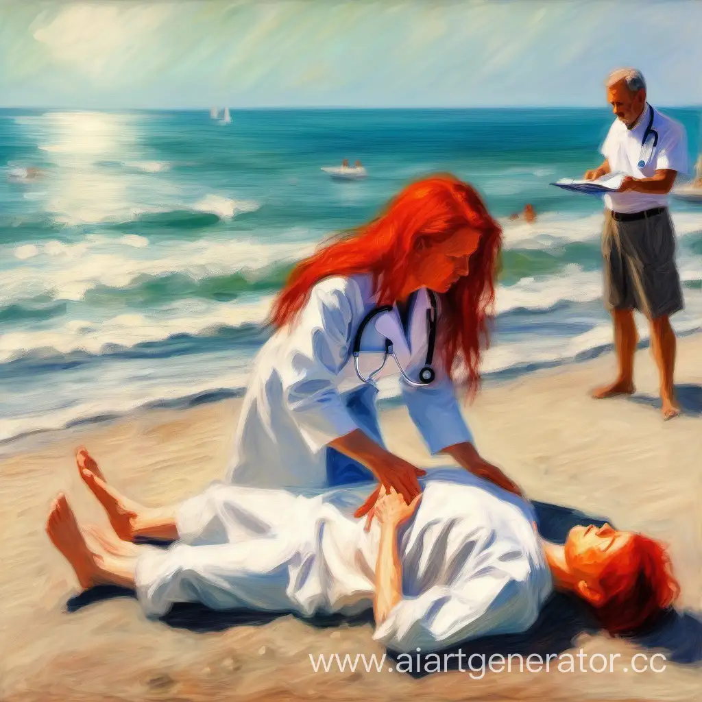 redhaired woman gets cpr from a doctor in the hospital at the beach, impressionism