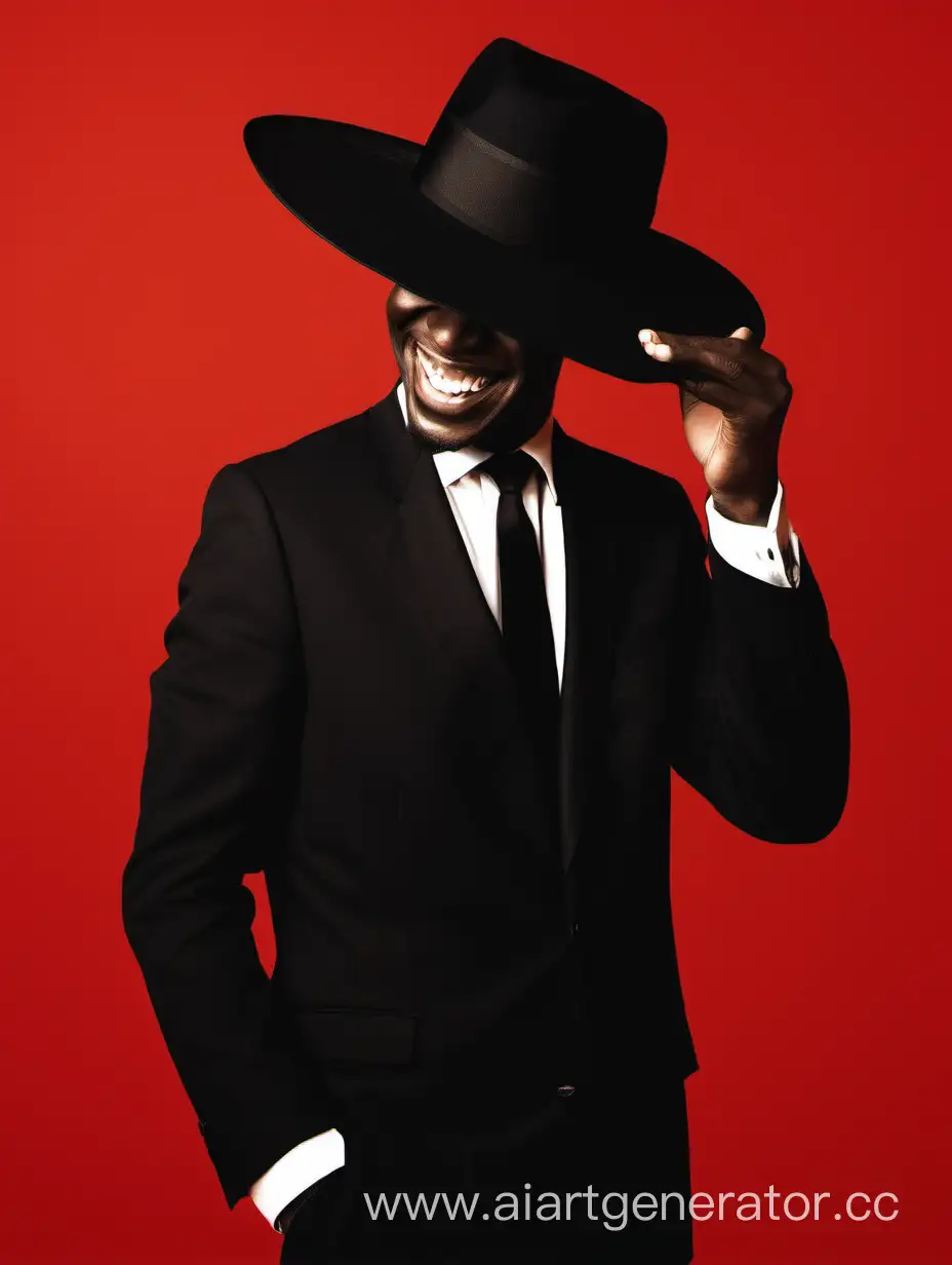 Smiling-Man-in-Black-Suit-and-Hat-on-Red-Background