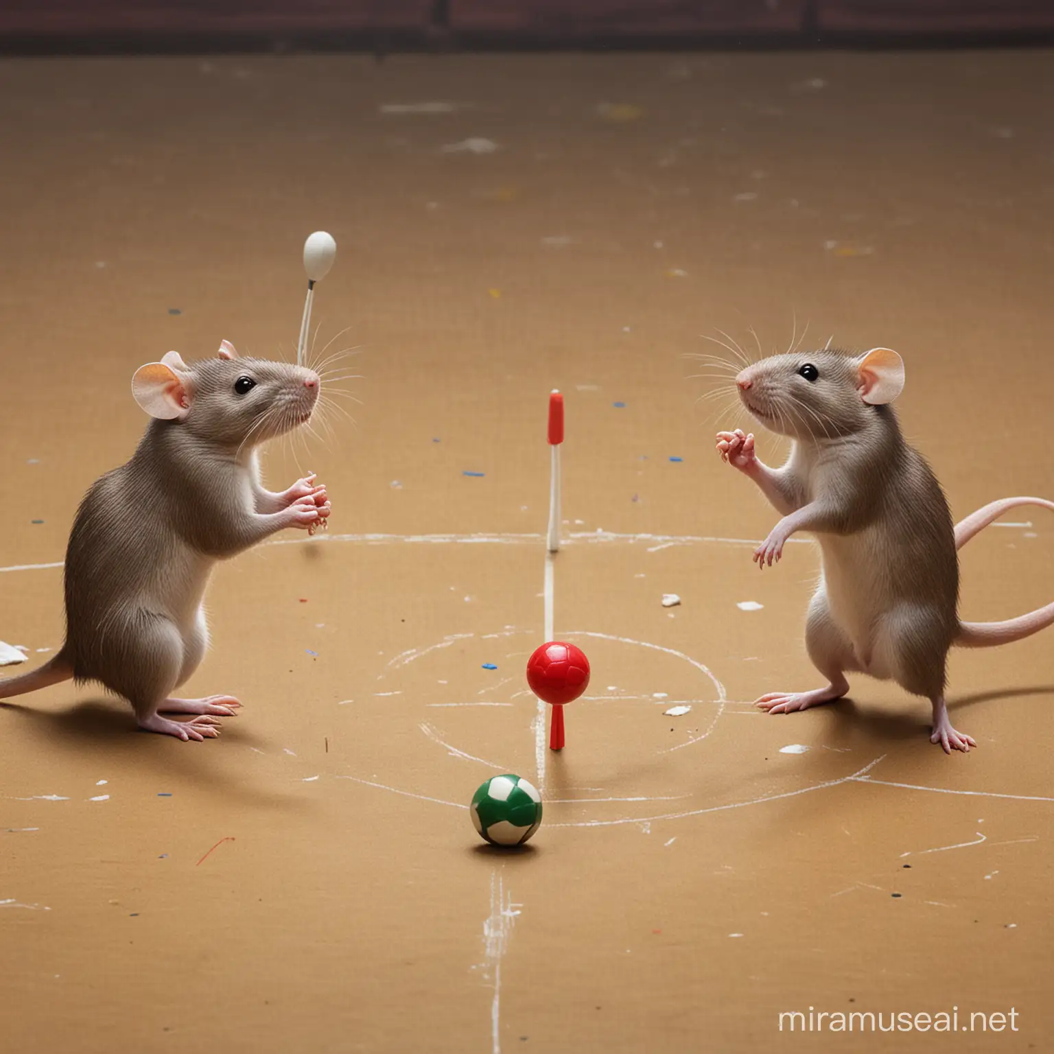 Whimsical Scene of Rats Playing Football and Darts in a Playful Setting