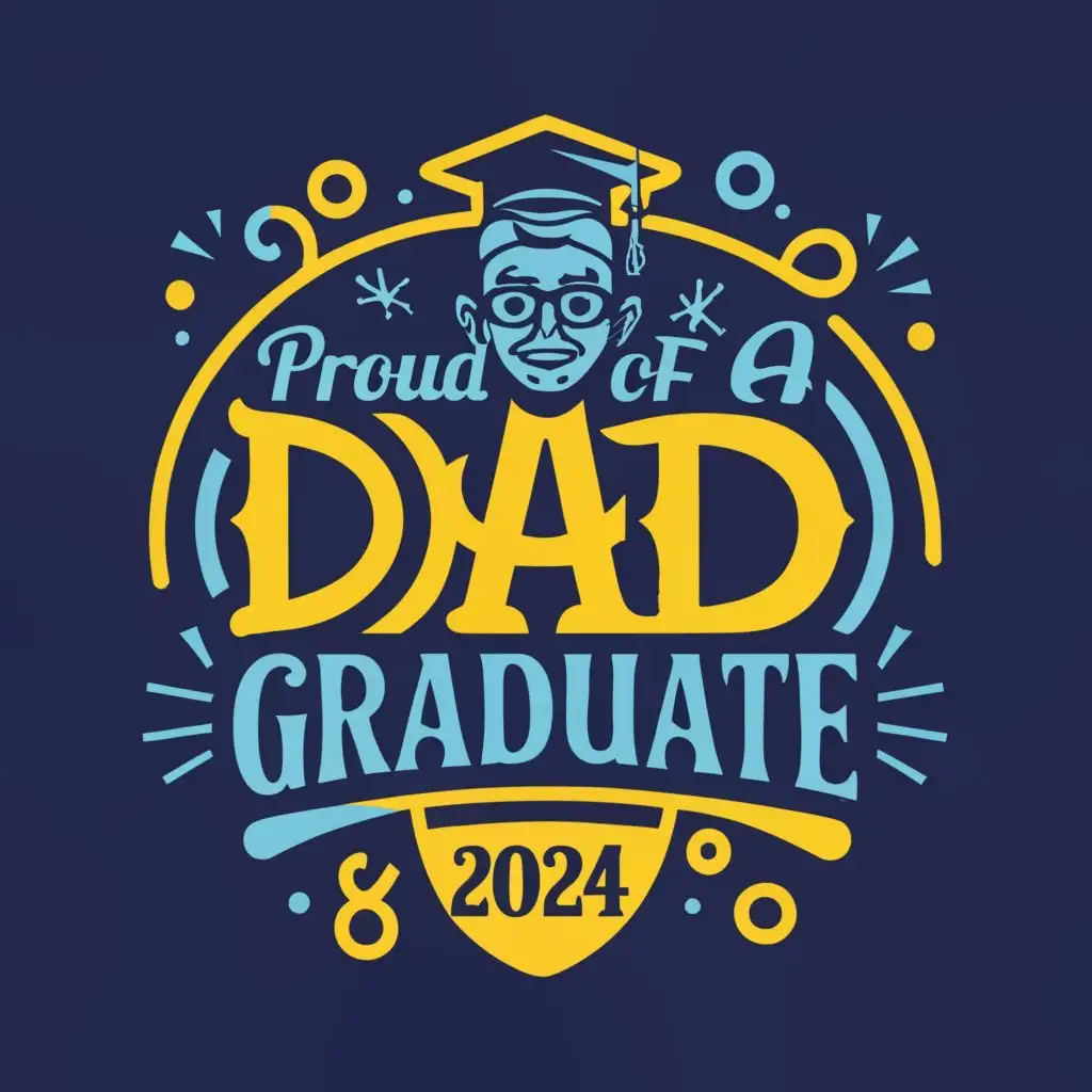 a logo design,with the text "proud dad of a 2024 graduate", main symbol:I want a fresh disruptive design to stand out of the crowded "Proud Graduate of XXXX" market. Same transfer should easily print on black, white and grey color T shirts. I like the attached designs and color scheme but looking for creative designs to disrupt these.,Moderate,clear background