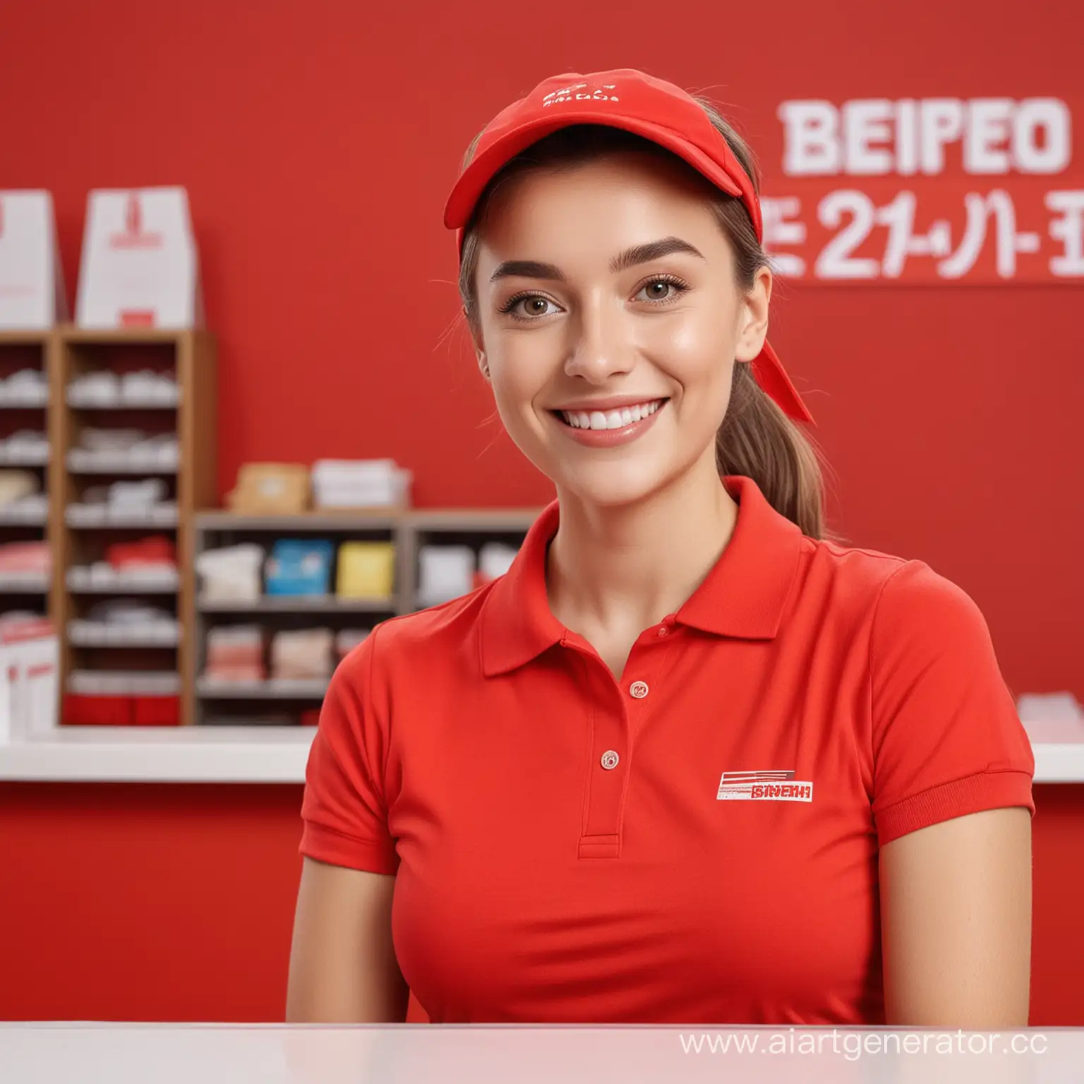 Smiling-Russian-Cashier-Girl-in-Red-Polo-Shirt-and-Visor-at-Counter