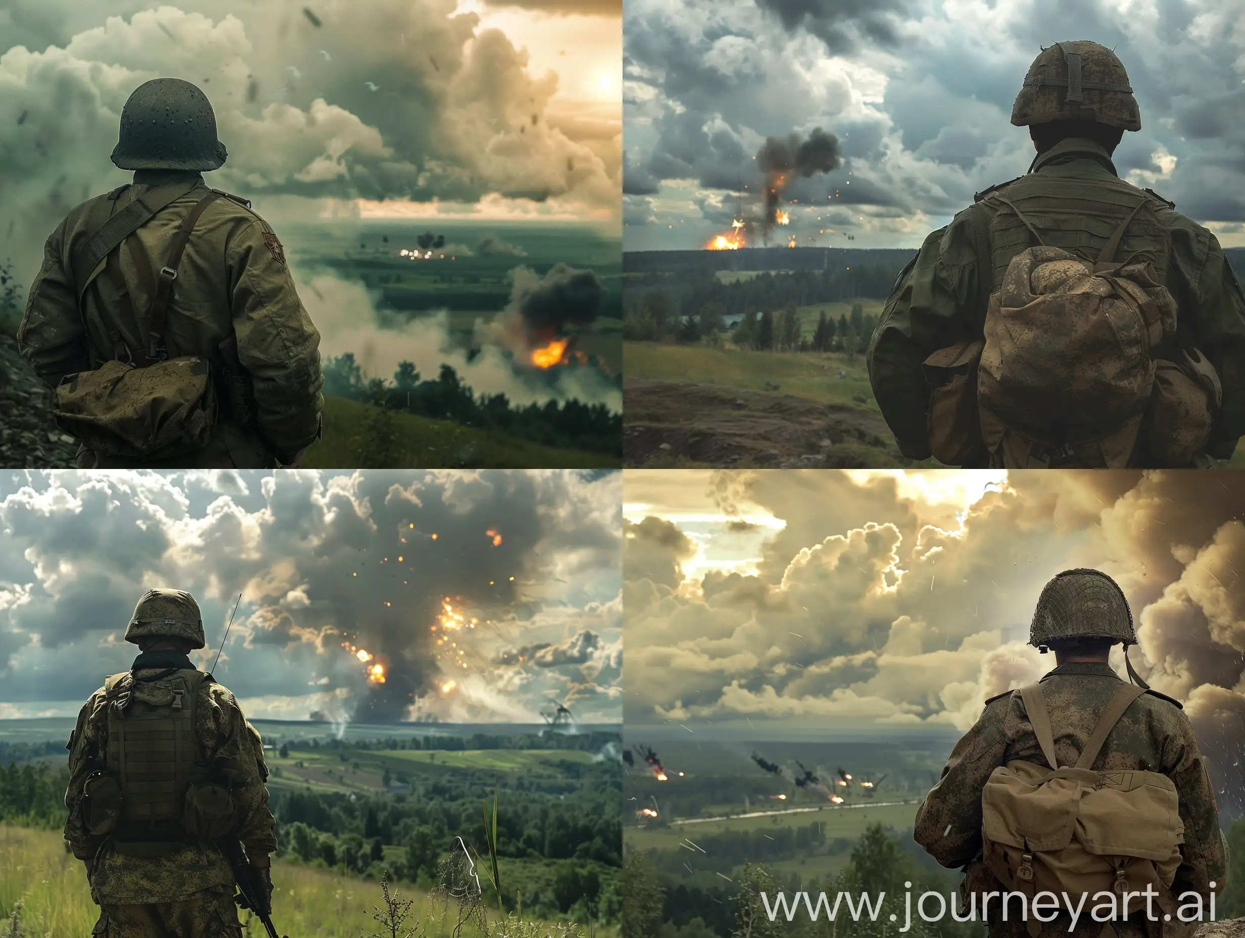 A Russian soldier is standing with his back to the clearing, everything is fine, everything is green. But in the distance, clouds begin to thicken and explosions can be seen