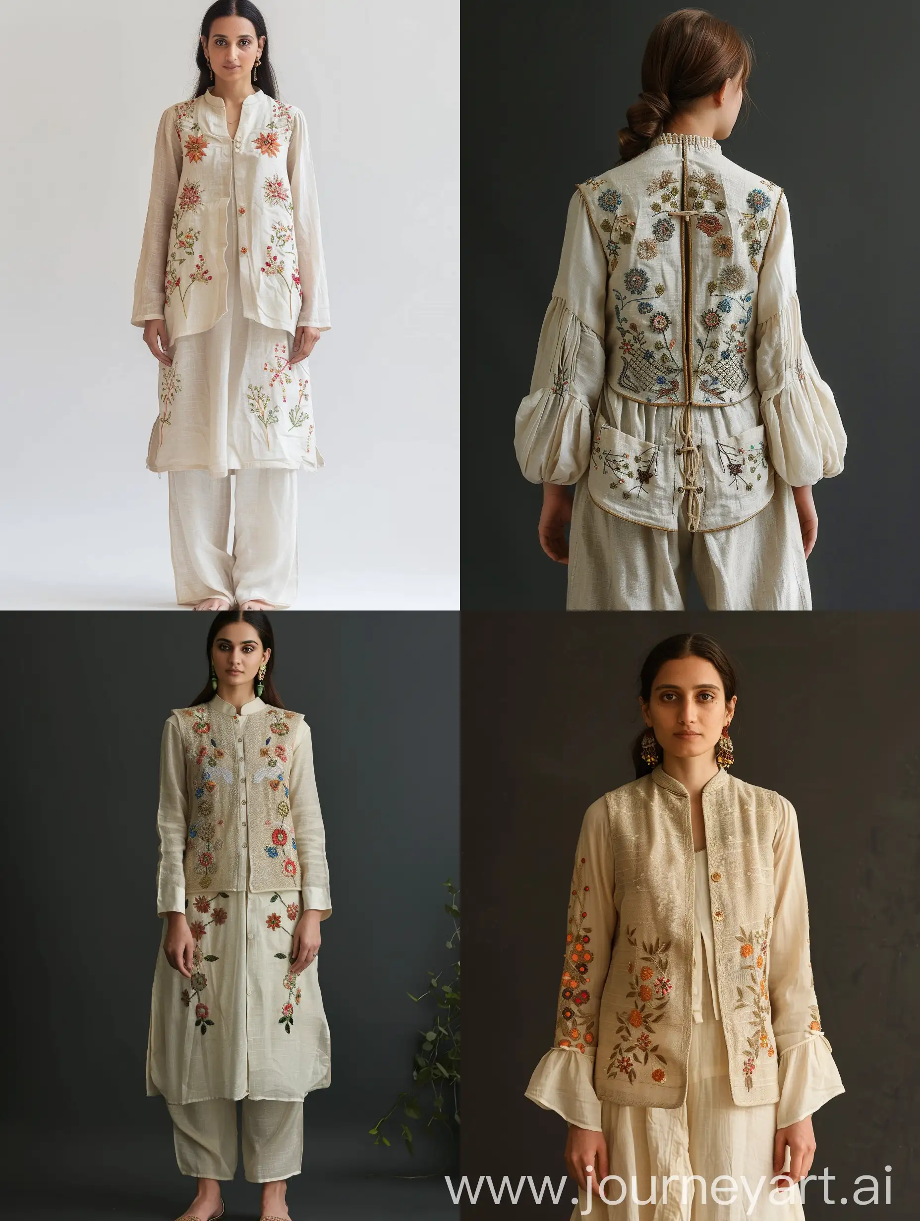 Women's vest and blouse and pants, cream background color, linen material, fine and small embroidery on the vest, outstanding embroidery and hand art, long sleeve blouse