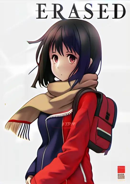 anime erased, main character, red coat, red samll backpack, beige scarf, hyper-realistic, photo-realistic
