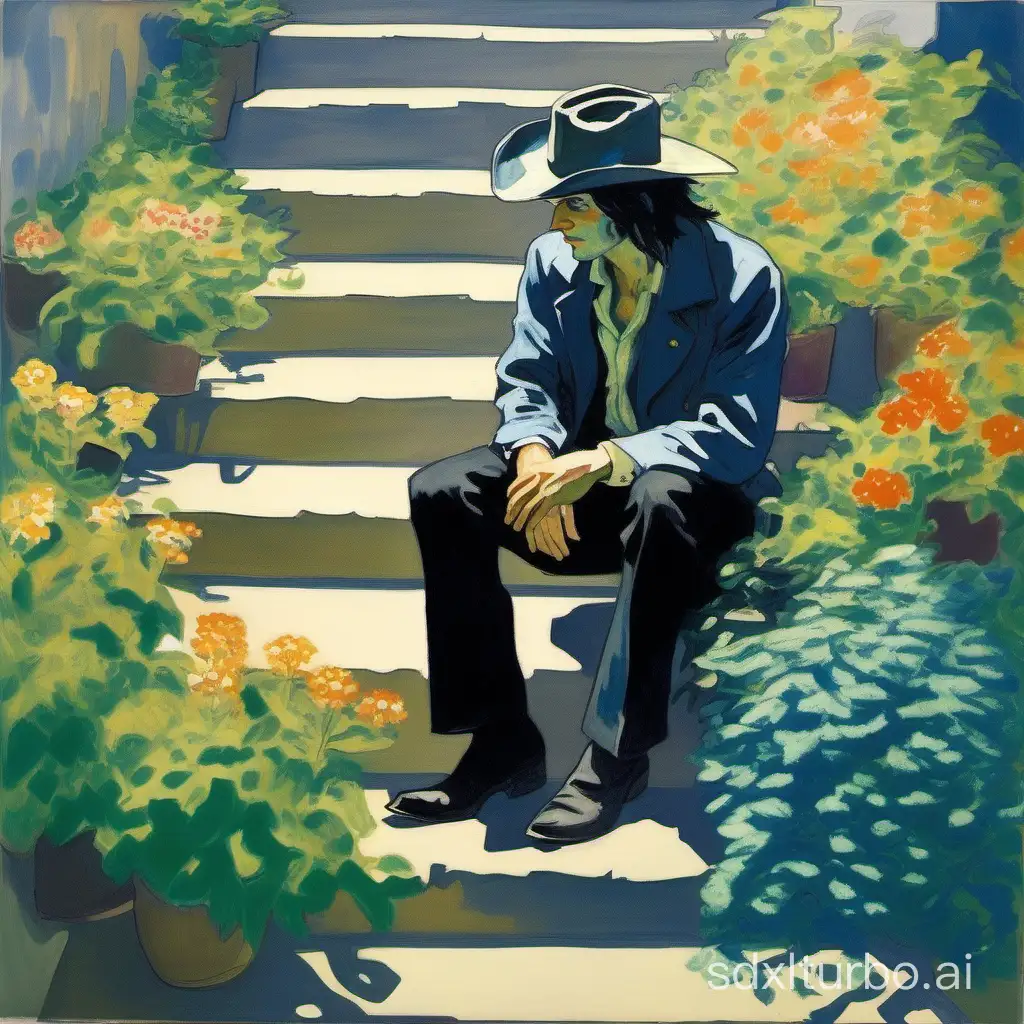 Young adult (early 20s) in beige shirt and black pants wearing a Halston Frowick coat, long blue hair, with disoriented expression on his face, sitting on some stairs surrounded by flowers (good anatomy). Colorful gouache on paper. Impressionism. By Claude Monet. Slight blur, skin glow, cool blue and green colored background. Cool natural light from upper right creates dark shadow. Choppy shot, cowboy shot. Beautiful, serene, peaceful. 