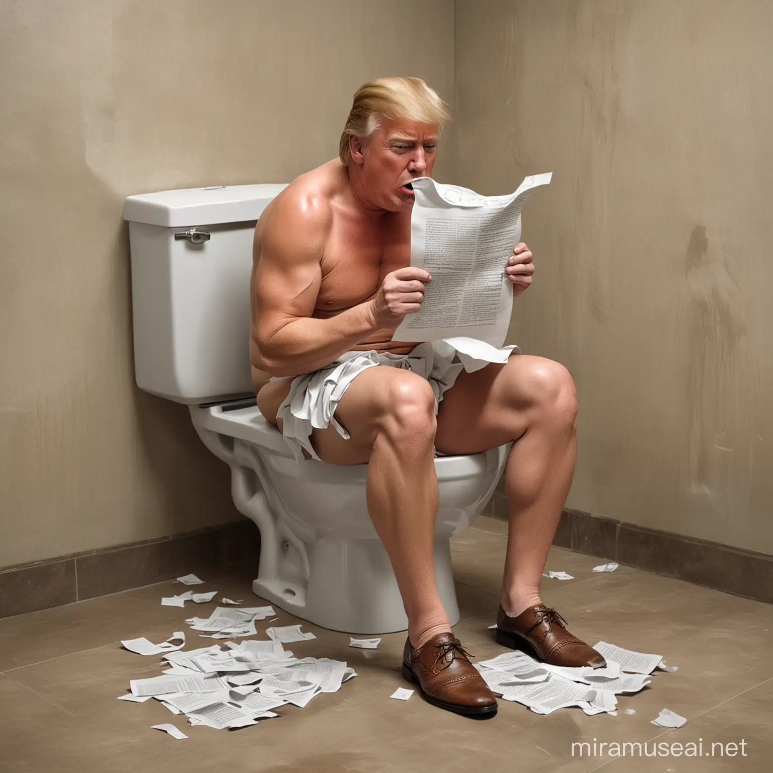 Ronald Trump piange, asciugandosi le lacrime con un fazzoletto, con pezzi di carta di un manoscritto sparsi intorno a lui. Siede su un wc in mutande . Lo vediamo con braccia e gambe, in piena altezza. In stile realistico. 
