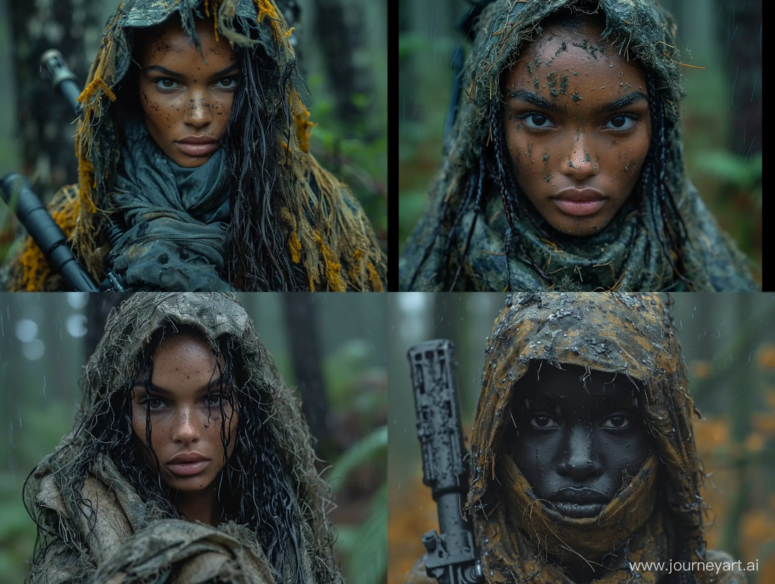 beautiful mulatto female mercenary S. in ghillie suit tactical equipment dead trees dark forest --s 950 --style raw --v 6