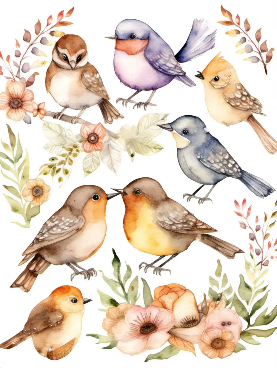 watercolour woodland boho birds clipart, isolated background, suitable for a nursery