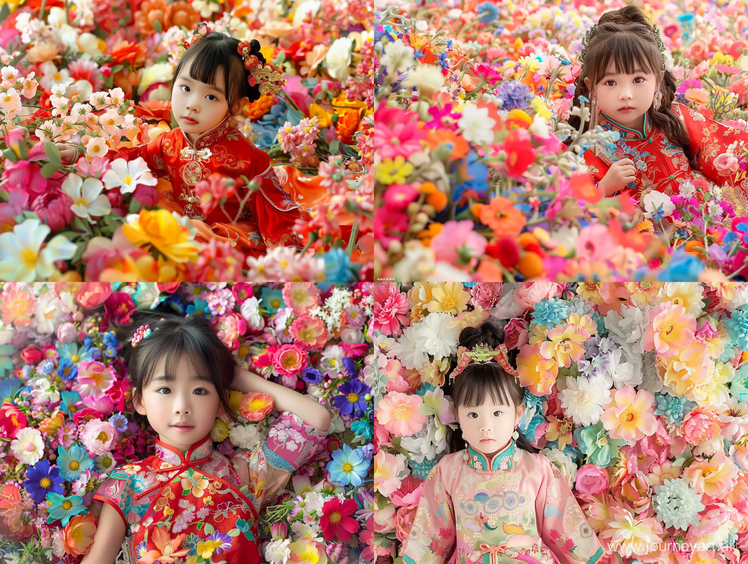 一个中国风服饰的小女孩，在五颜六色的花丛中
