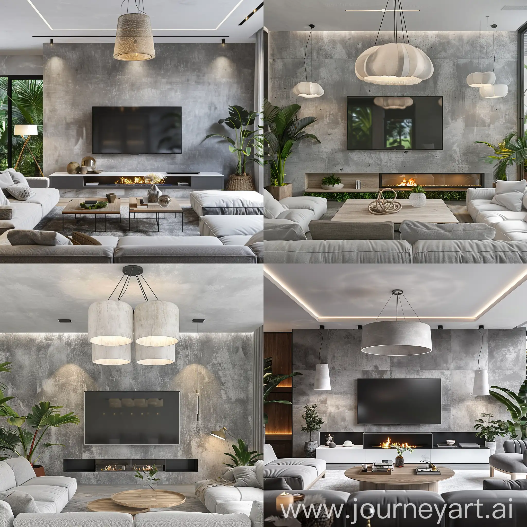 A modern gray and white thermowood living room
Complete furniture set, a TV wall with plaster wall, modern decoration, large modern chandelier and lampshade, soft lighting, landscaping, fireplace, in the green tropical forest, cloudy weather, real photo

