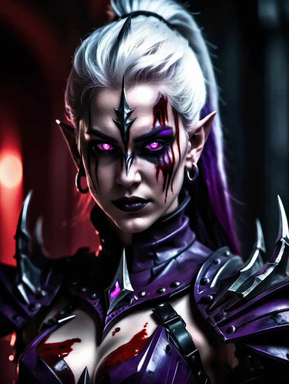 Portrait of the beautiful face and upper body of a drukhari female, drops of blood on face, pointy ears.
Wears elegant heavy black and purple armor. 
Glowing purple eyes.
White hair in a ponytail.
Intense look on face.
Bloodred corridor in background of image.