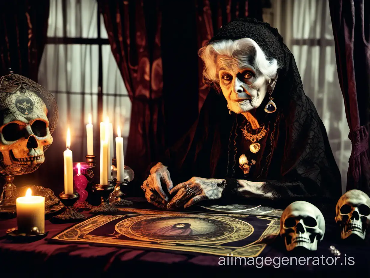 Victorian era, 100 year old woman fortune teller at table with skull, crystal ball, tarot cards, Ouiji board, black cat, lit candles, long crocheted curtains,  spooky cinematic