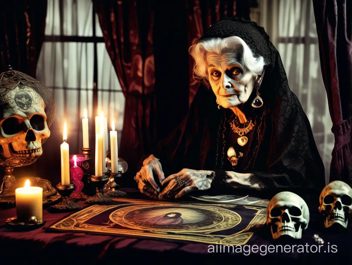 Victorian era, 100 year old woman fortune teller at table with skull, crystal ball, tarot cards, Ouiji board, black cat, lit candles, long crocheted curtains,  spooky cinematic 