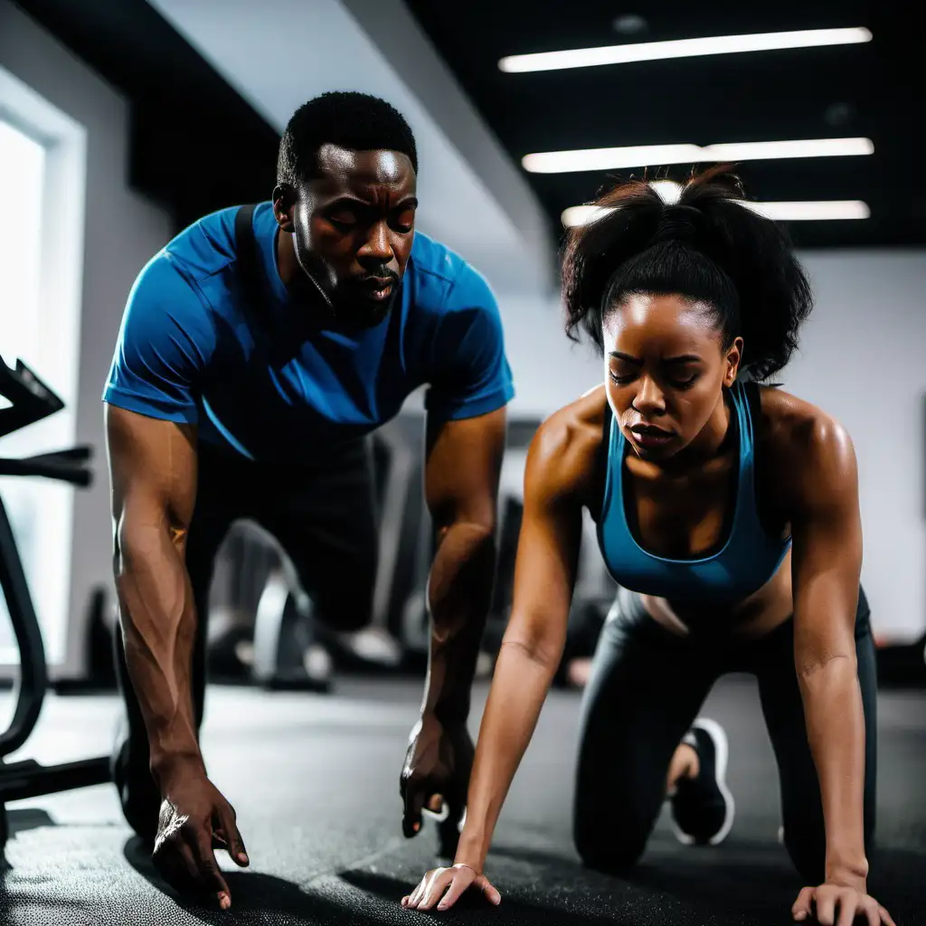 Dedicated African American Fitness Trainer Guiding Fatigued Trainee