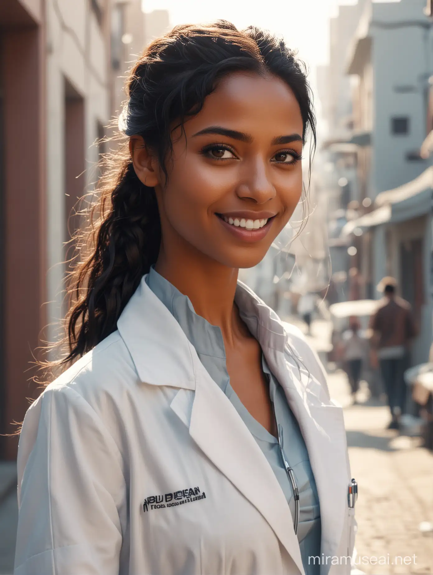 Full body portrait, 8k photorealistic Petite black haired plaited African hairstyle alluring smiling Indian doctor in a white doctor coat in bright sunlight, well lit face, blushed flirting eyes visible very Detailed, awesome Quality, reflecting, luminescent, translucent, Ethereal, Aura, 80s DARK dystopian Blade Runner Flair, very detailed, uhd, masterpiece,  inside a  clinic in the background,