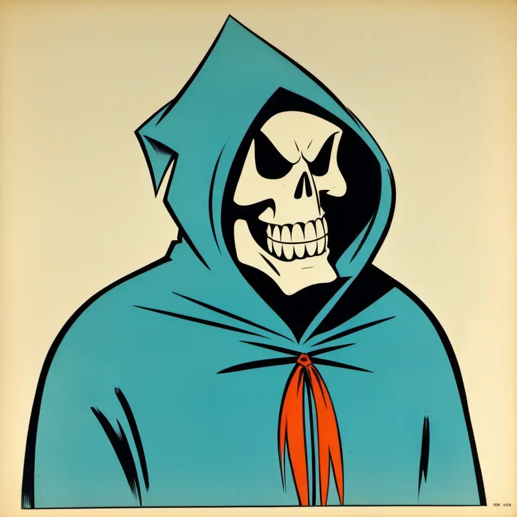 1960's cartoon, villain, hooded character, skull face, hanna barbera