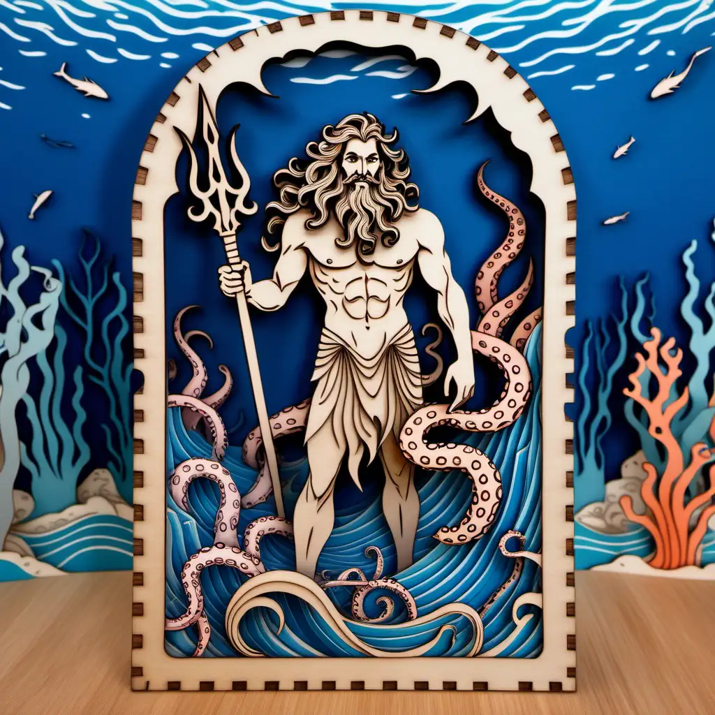 Multilayered wood laser cut, Full body handsome sexy Smiling poseiden holding a trident in one hand and a lightening bolt in the other hand with dark blue eyes wrapped in an octopus dressednin flowing clothes with long curly hair on the ocean floor of coral, wood grain cut, multilayered cut, symmetrical, paper cut, ships in background, sea creatures floating, very detailed