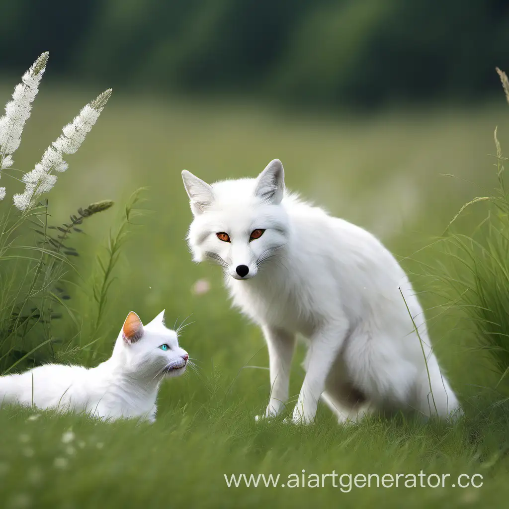 Playful-White-Fox-and-Cat-Frolicking-in-Meadow