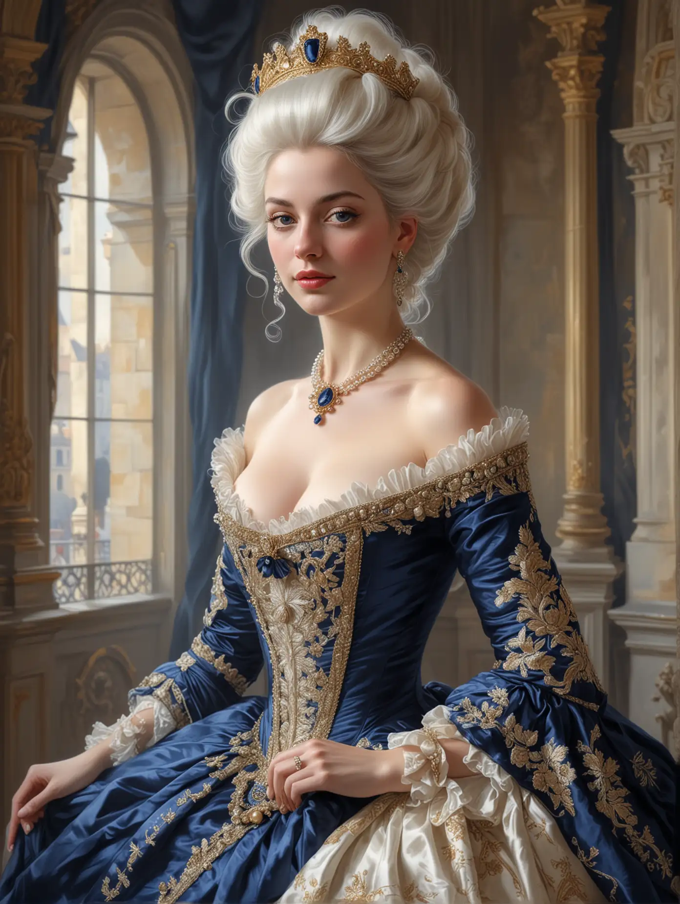 Illustration of a beautiful and voluptuous queen of France, in the style of Marie Antoinette, with white hair, she's wearing a glamorous navy blue and gold regal gown, she is inside the castle