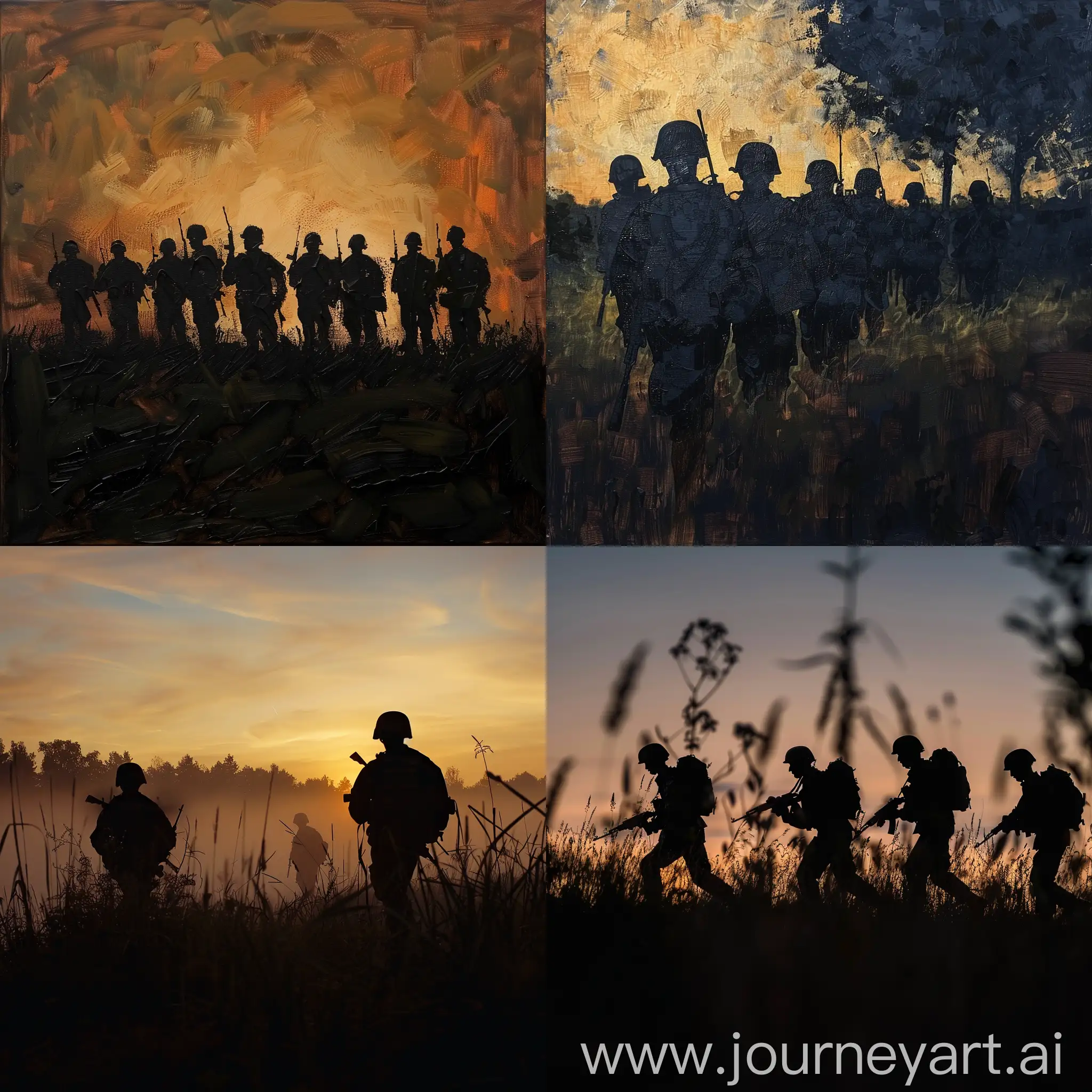 Silhouetted-Morning-Twilight-Soldiers-in-Serene-Landscape