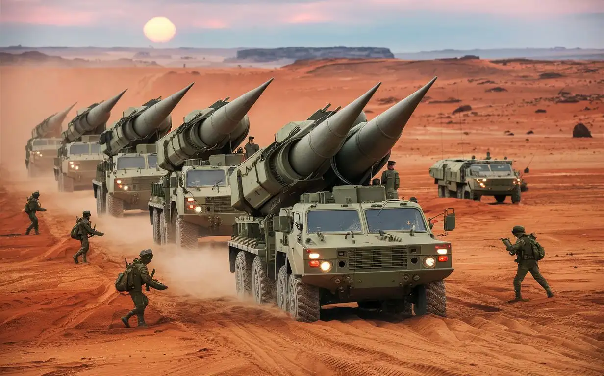 Military Convoy with Missiles on Dusty Red Desert Sand