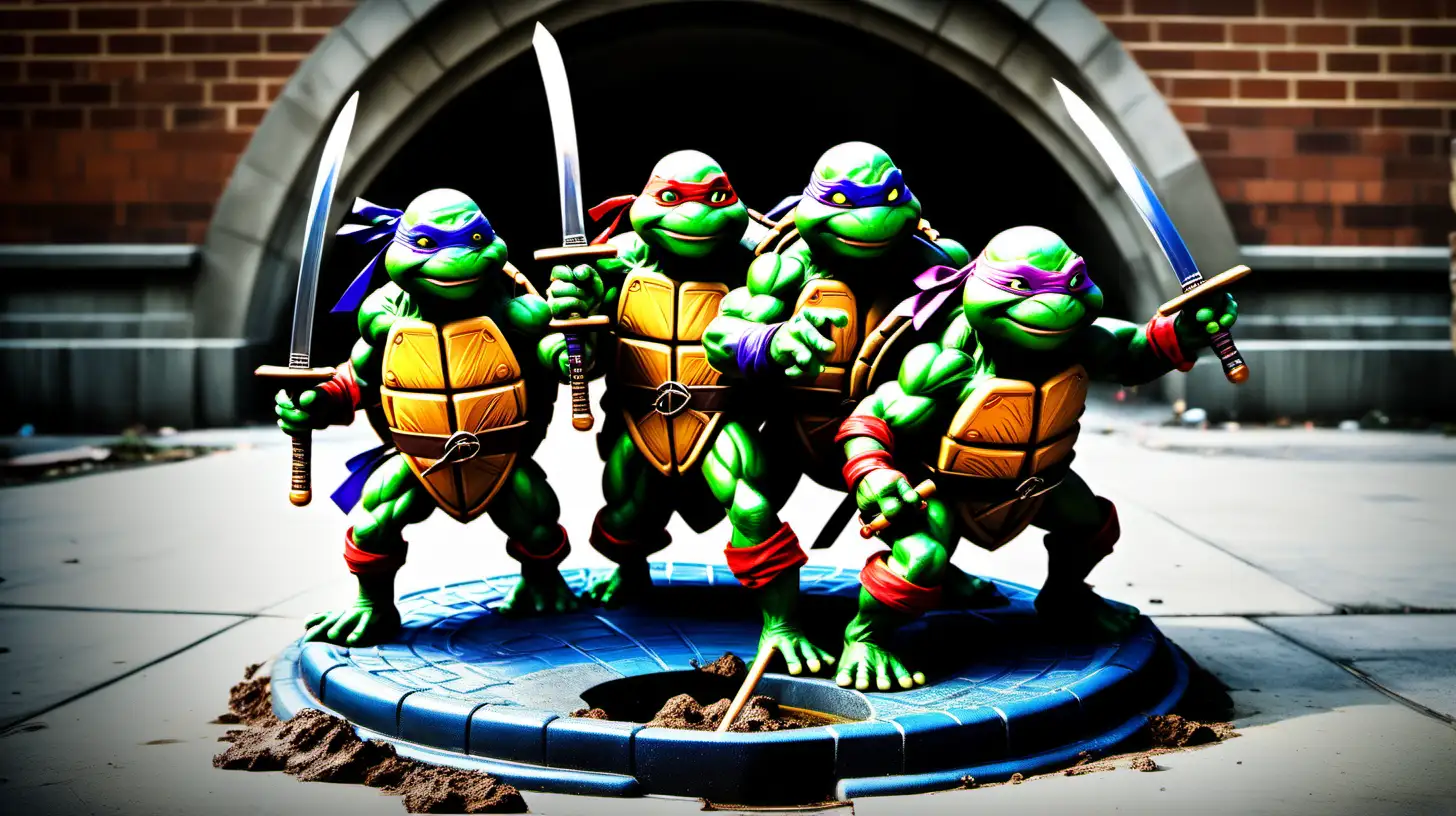 exact illustration of the teenage mutant ninja turtles from the popular movie, center stage of the design, donatello in the middle coming out if a sewer lid in the ground, leonardo the blue ninja turtle has his two katana, raphael wields twin sais, michelangelo holds his nun chuks above his head, the background of the photo is white