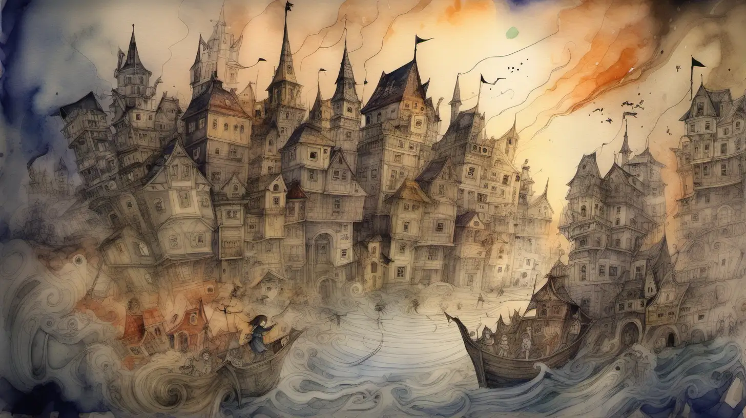 Whimsical Watercolor Illustration Enchanting Evening in a Childhood Realm of Chaos