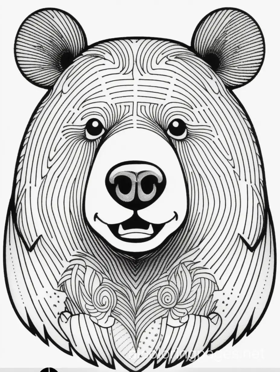 ((Halftone style)) ((stucki dithered)), black and white ((tattoo style)) smiling cartoon bear, Portrait View, looking straight ahead, Perfect composition golden ratio, masterpiece, best quality, 4k, sharp focus. Perfect anatomy, fully isolated inside of a white oval, Coloring Page, black and white, line art, white background, Simplicity, Ample White Space. The background of the coloring page is plain white to make it easy for young children to color within the lines. The outlines of all the subjects are easy to distinguish, making it simple for kids to color without too much difficulty