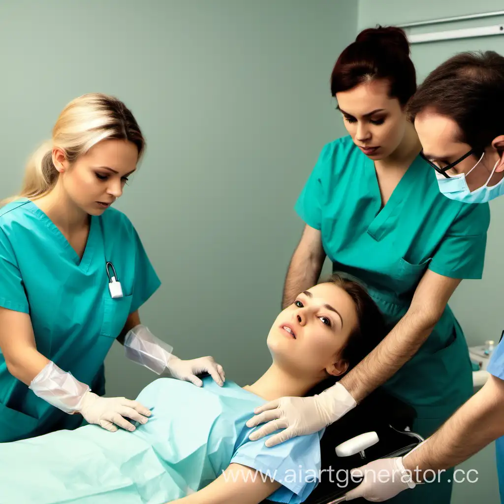 medical team exames young woman at emergencyroom
