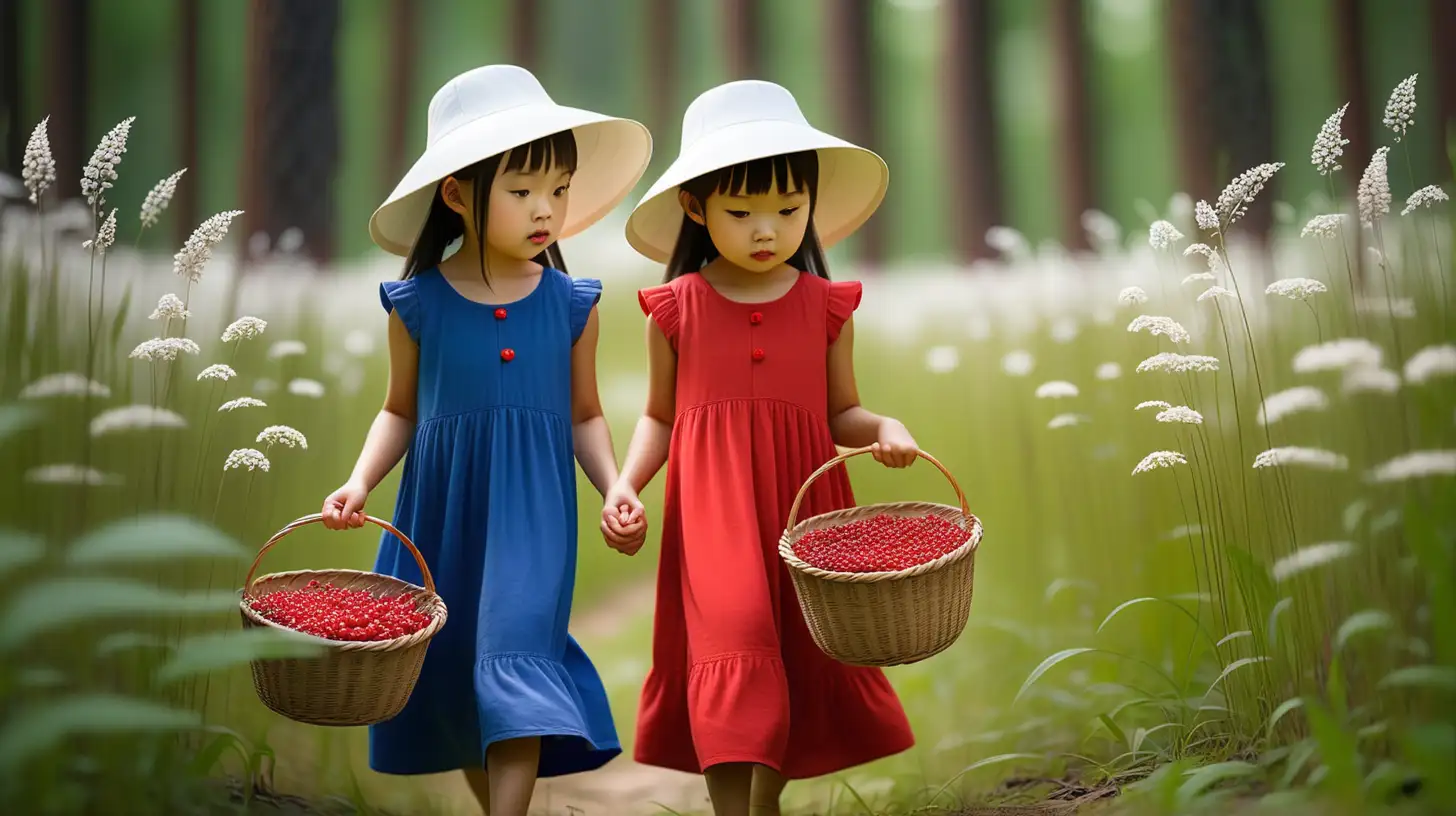 В  этом летнем  лесу  среди высокой травы и цветов  шли  2 маленькие девочки- азиатки, одетые в красный и синий сарафаны, на голове у них были белые шляпы, вот они собрали полные корзины красных ягод и выходят на окрайну леса