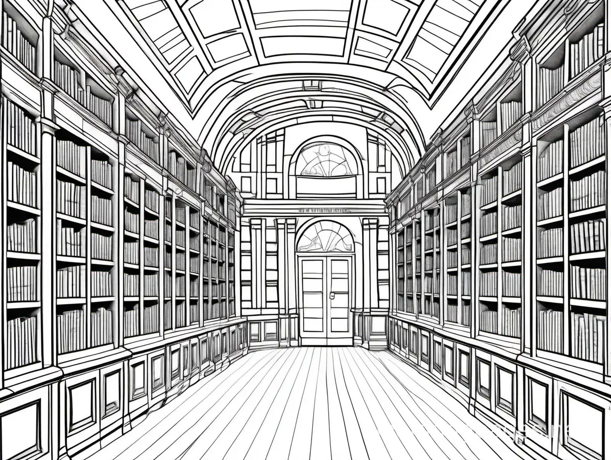 central library, big windows, western, Coloring Page, black and white, line art, white background, Simplicity, Ample White Space. The background of the coloring page is plain white to make it easy for young children to color within the lines. The outlines of all the subjects are easy to distinguish, making it simple for kids to color without too much difficulty