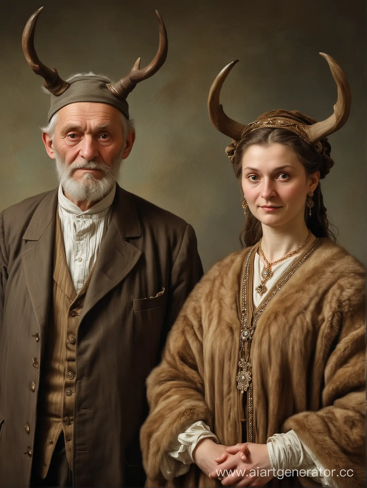Elderly-Couple-with-Deer-Horns-and-Wealthy-Count-in-18th-Century-Russia