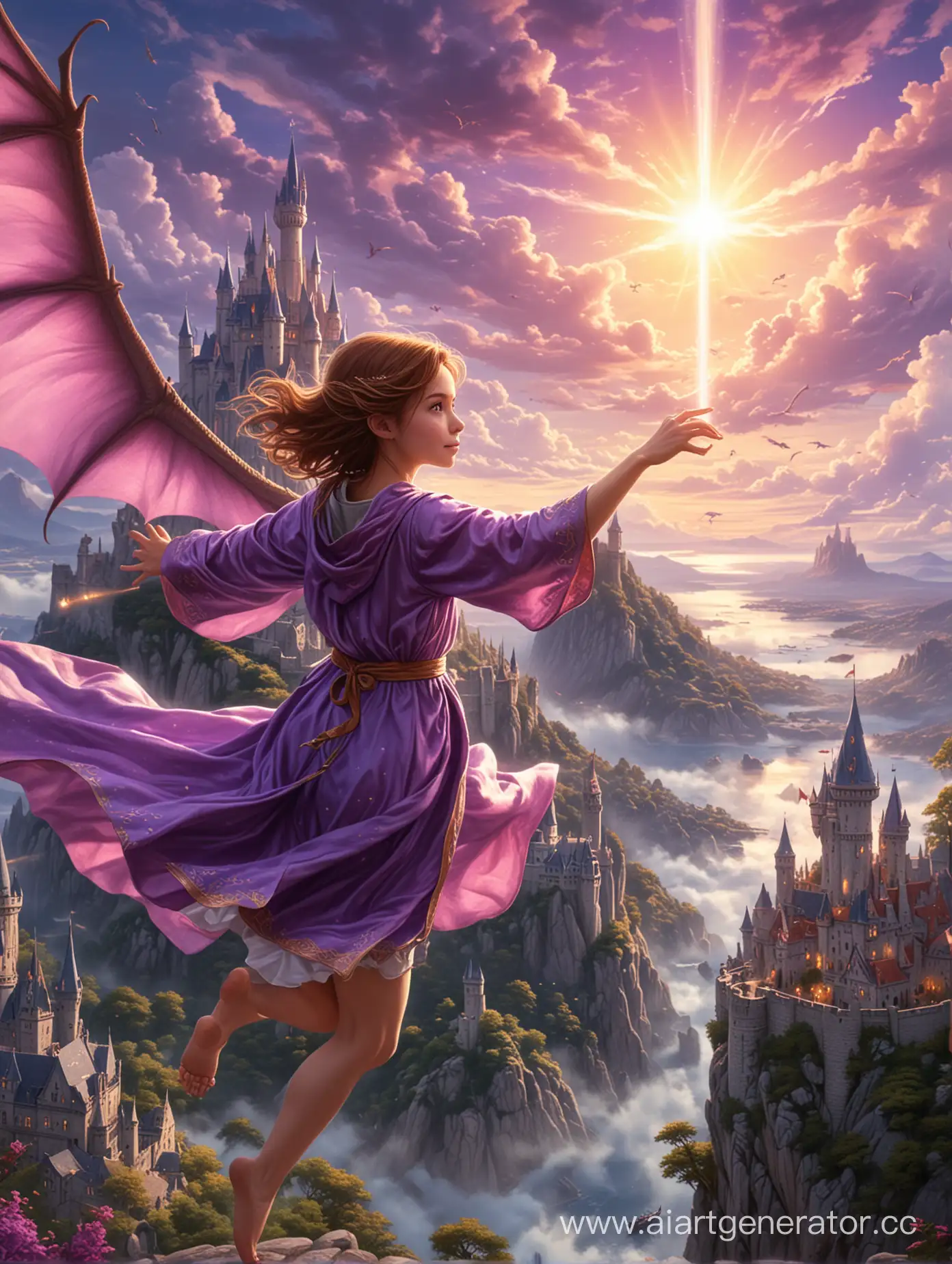 A castle is visible in the distance, and a dragon is flying in the sky above it. In front is a girl with brown hair, in whose hands a magical light shines. She's wearing a purple robe.