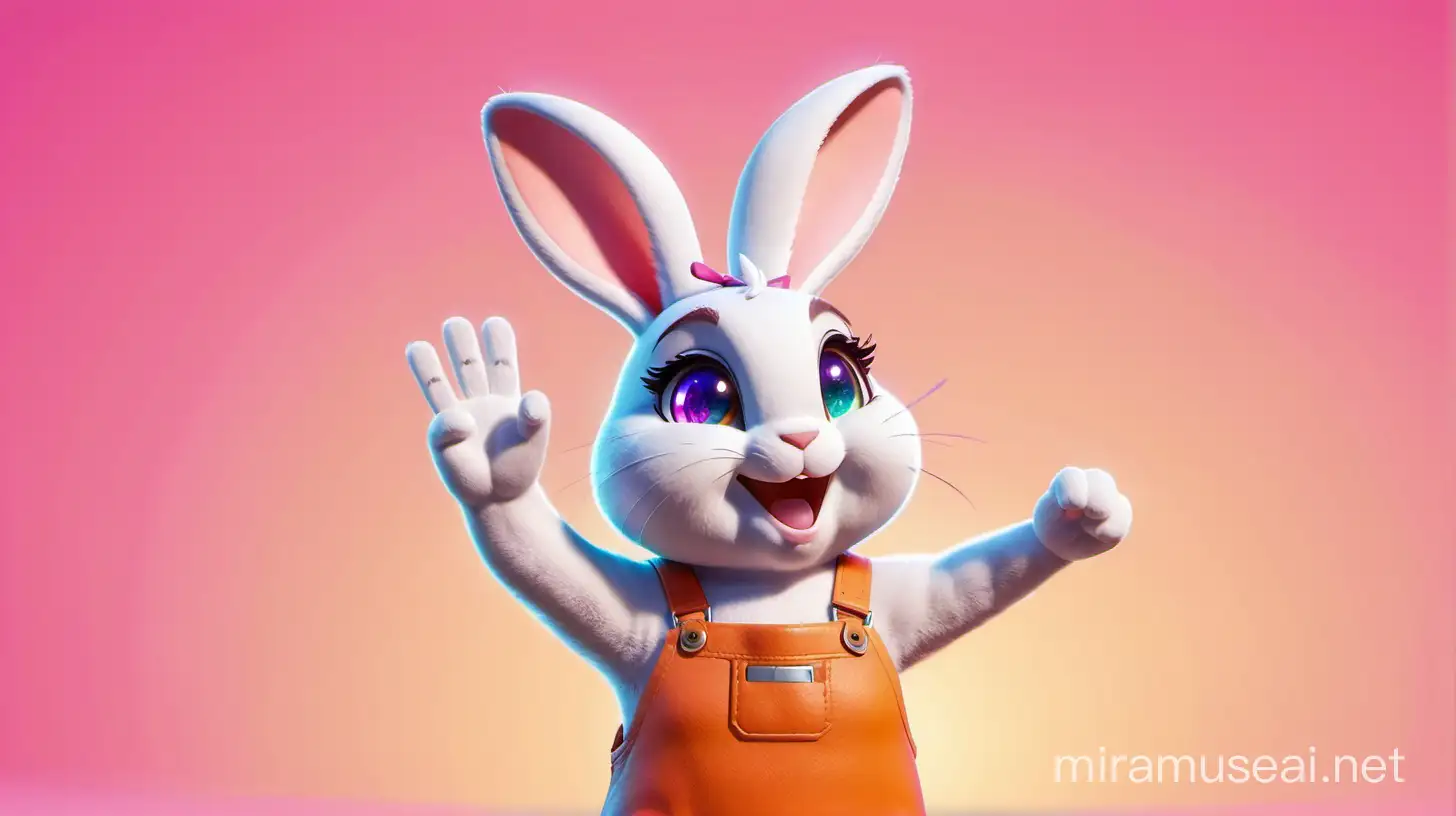 a rabbit waving her hand and saying hi boss. Ready to do something  great. make it as beautiful as possible. very very colorful. use creativity of yours in background. it must be pleasing for eyes to watch that rabbit. rabbit must be beautiful waving hand and if possible winking her one eye. use as many colors as possible. 
