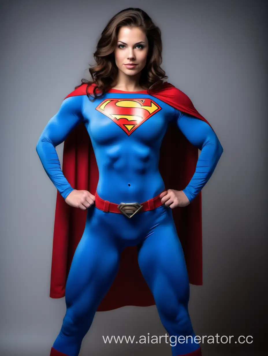 A pretty woman with brown hair, age 26, She is confident and strong. She is extremely muscular. Her arm muscles are over overdeveloped. Her leg muscles are over overdeveloped. Her chest muscles are over overdeveloped. Her abdominal muscles are over overdeveloped. She is wearing a Superman costume with (blue leggings), (long blue sleeves), red briefs, and a long flowing cape. She is posed like a superhero, strong and powerful. Enormous muscles expand beneath her costume. Bright photo studio  