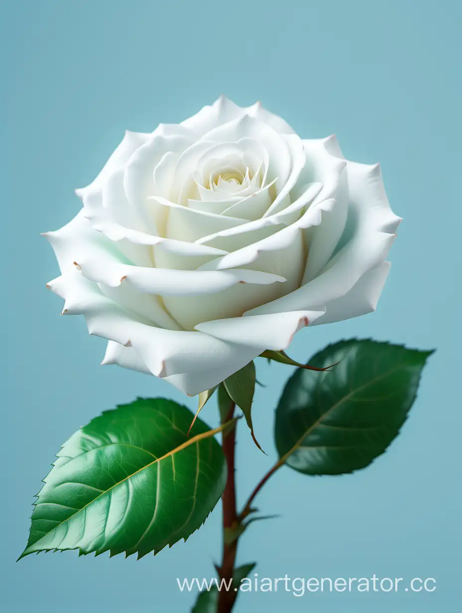 Elegant-White-Rose-with-Lush-Green-Leaves-on-Light-Blue-Background
