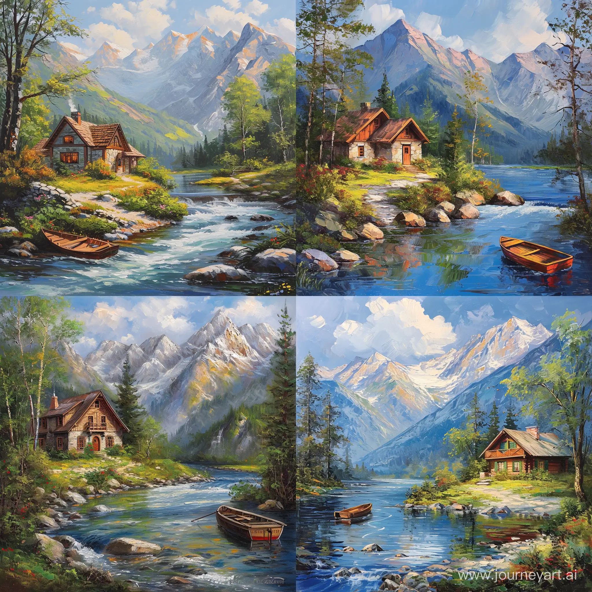 Пейзаж маслянными красками на холсте уютный домик в горах у реки с лодкой