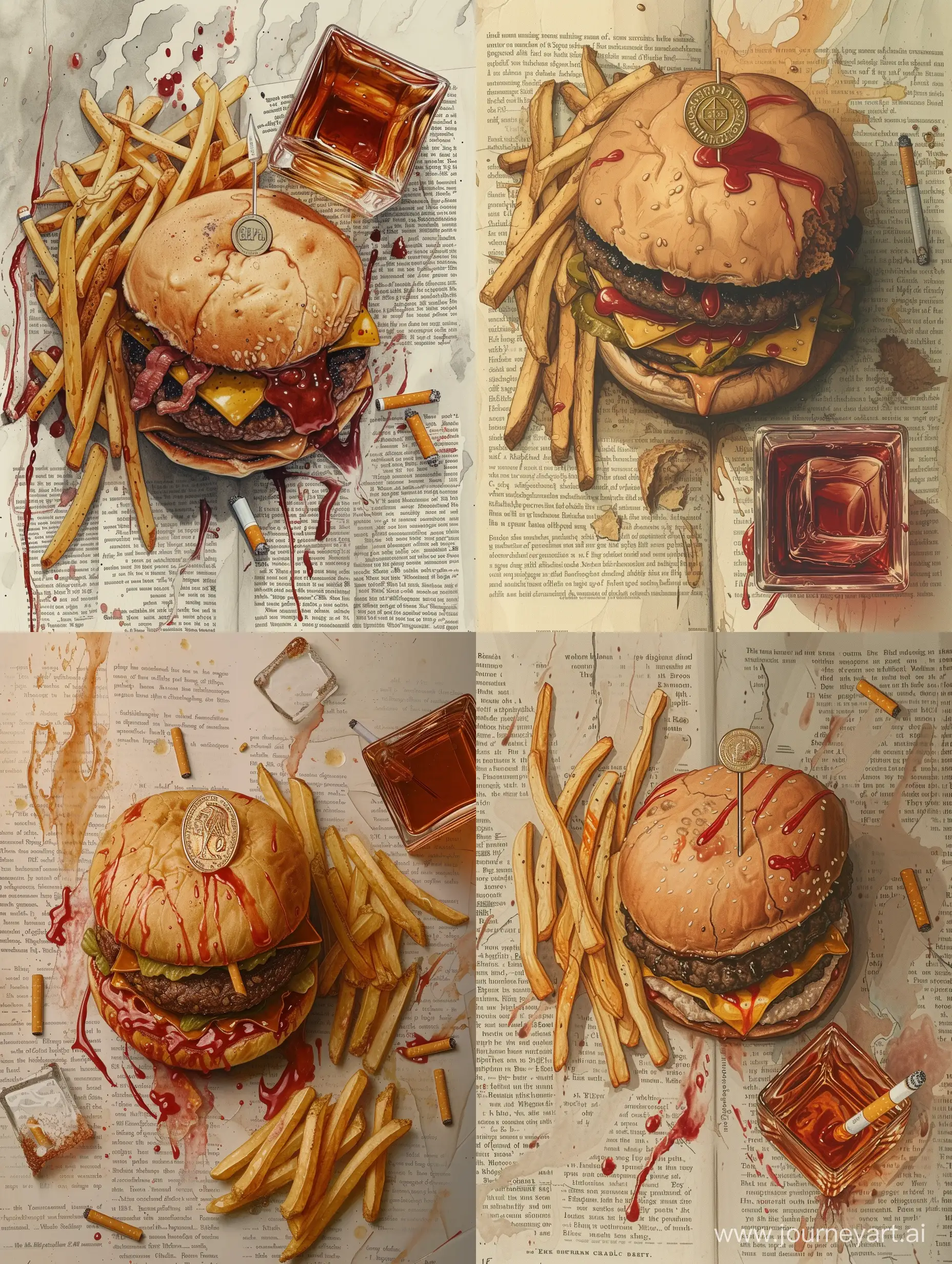 Indulgent-Burger-with-Medal-Fries-and-Bourbon-Ralph-Steadman-Inspired-Art