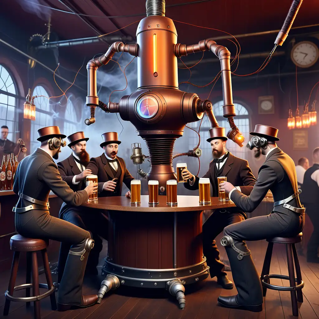 surrealistic image of a party of acrobatic electrical engineers in a steampunk pub with a tesla coil. An industrial robot serves the beer.