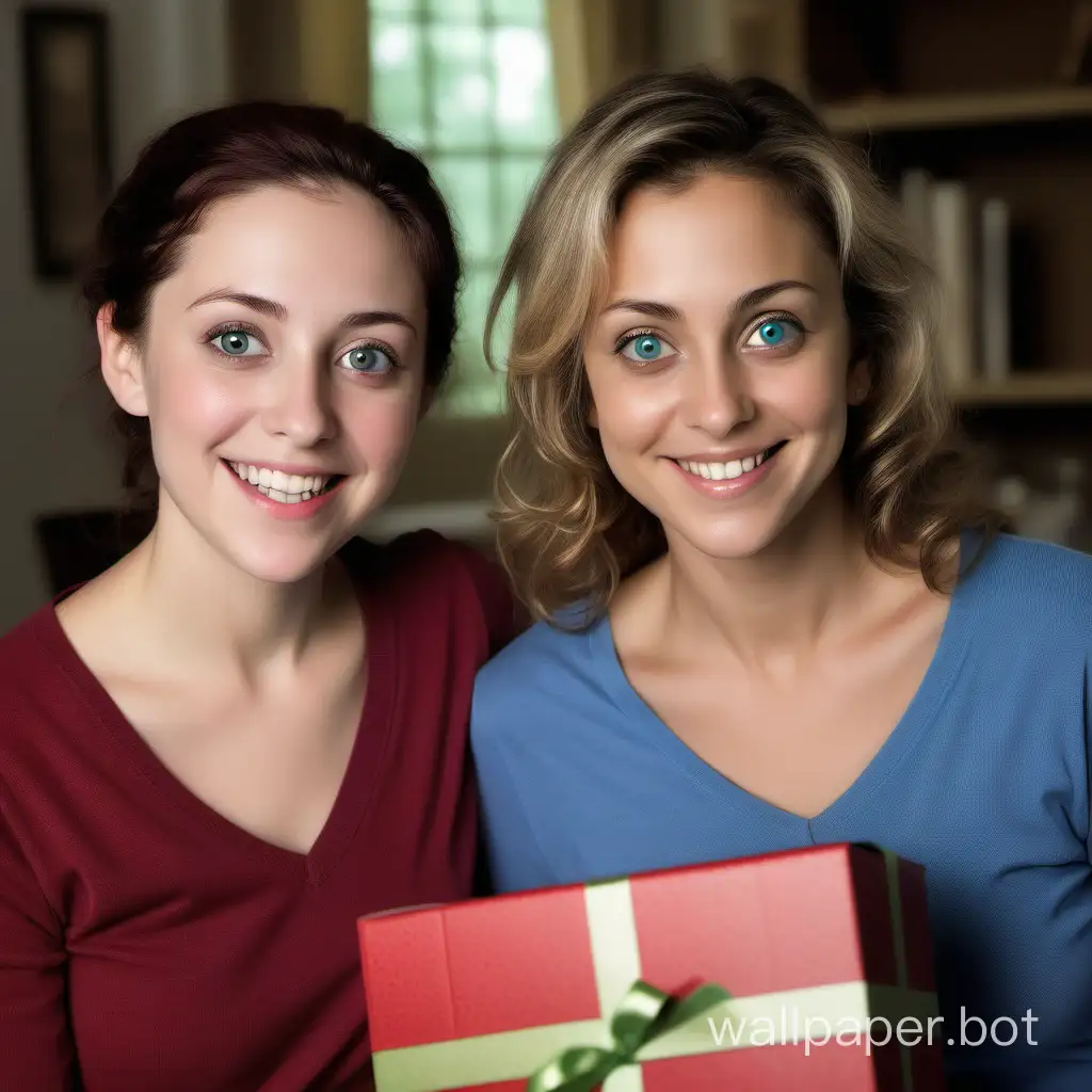 This is a real photo of an American adult mother and daughter taken together at a family gathering. The mother is about 50 years old and the daughter is 20 years old. The mother's eyes reveal composure and wisdom. Her smile seems to be gentle after years of accumulation, always exuding a kind of stability and tolerance. The daughter is a young girl full of energy and vigor, with big bright eyes. Her smile is bright and sunny, always with a hint of playfulness and energy. Ellie likes to wear V-neck fashionable clothes, explore new things, and is full of curiosity and enthusiasm for life. Mary holds the gift box from Ellie in her hand, and the whole scene presents a warm scene.