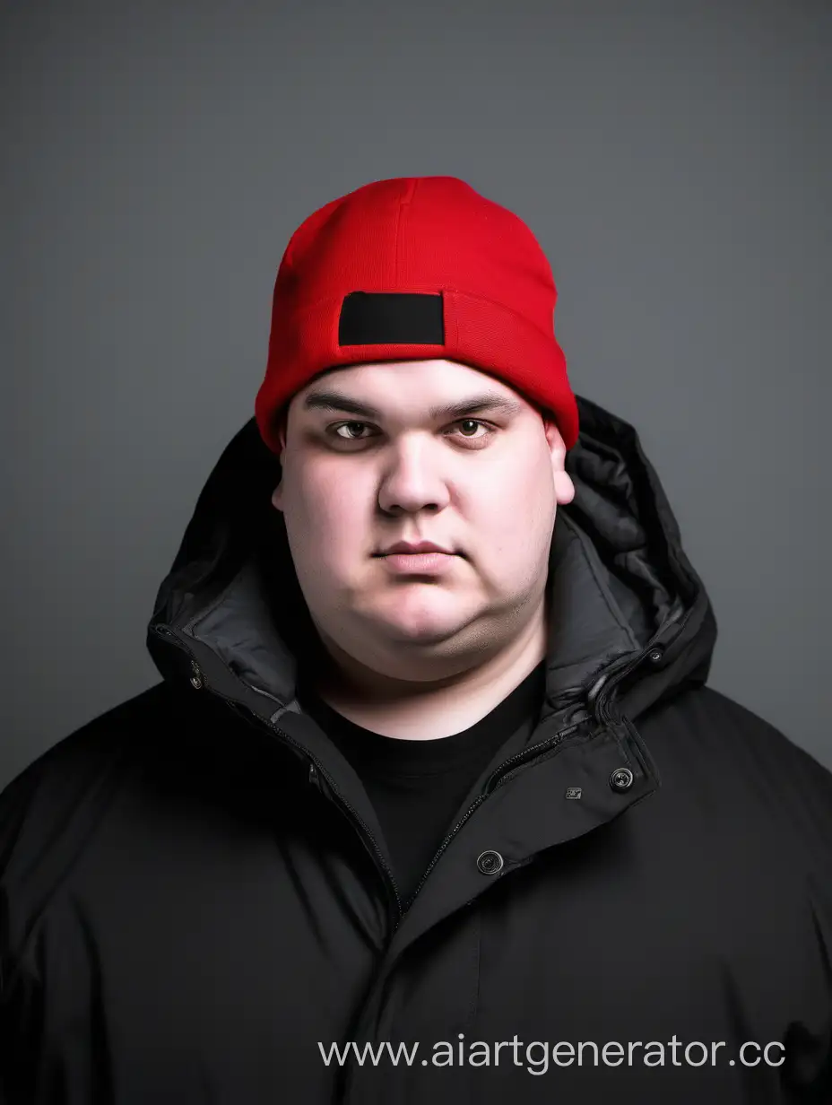 толстый лысый парень 25 лет в красной шапке и чёрной зимней куртке, позади не серый фон