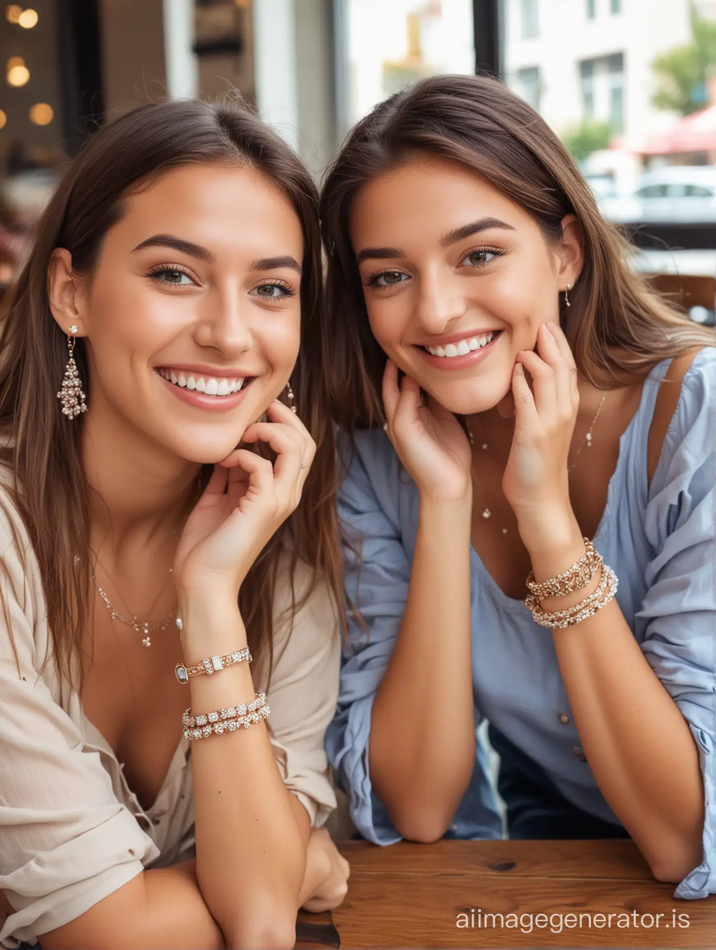 two cute young women wearing jewelry having fun togehter at the cafe